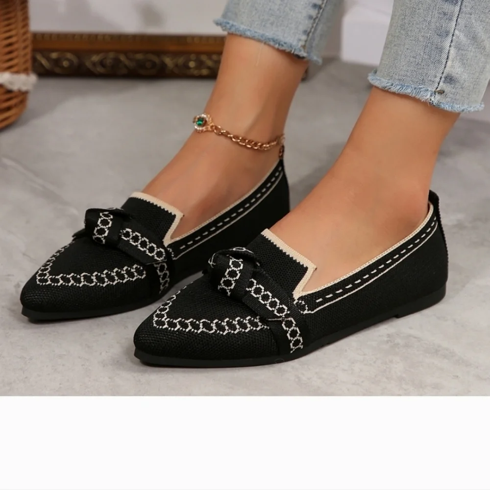 Knitted Slip-On Loafer Flats with Bow - Picture 2 of 3